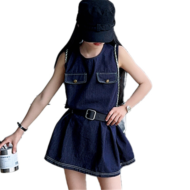 Vintage Fashion Streetwear - スタイリッシュなキッズファッションデニムボディスーツドレス女の子のためのヴィンテージダークブルージーンズスカートベルト付き子供トレンディなストリート衣装 5-14Y