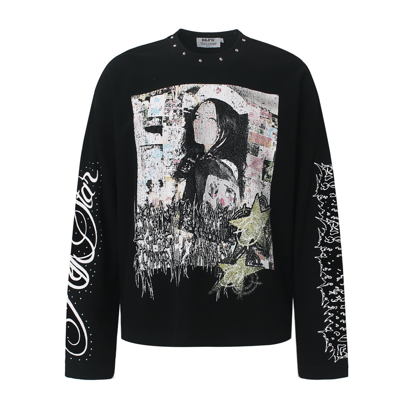 Vintage Fashion Streetwear - メンズハイストリートグラフィティTシャツ、リベット付き、ファッショナブルなストリートウェア、プリント入り長袖Tシャツ、ヴィンテージレトロルーズフィット、ヒップホップトップス