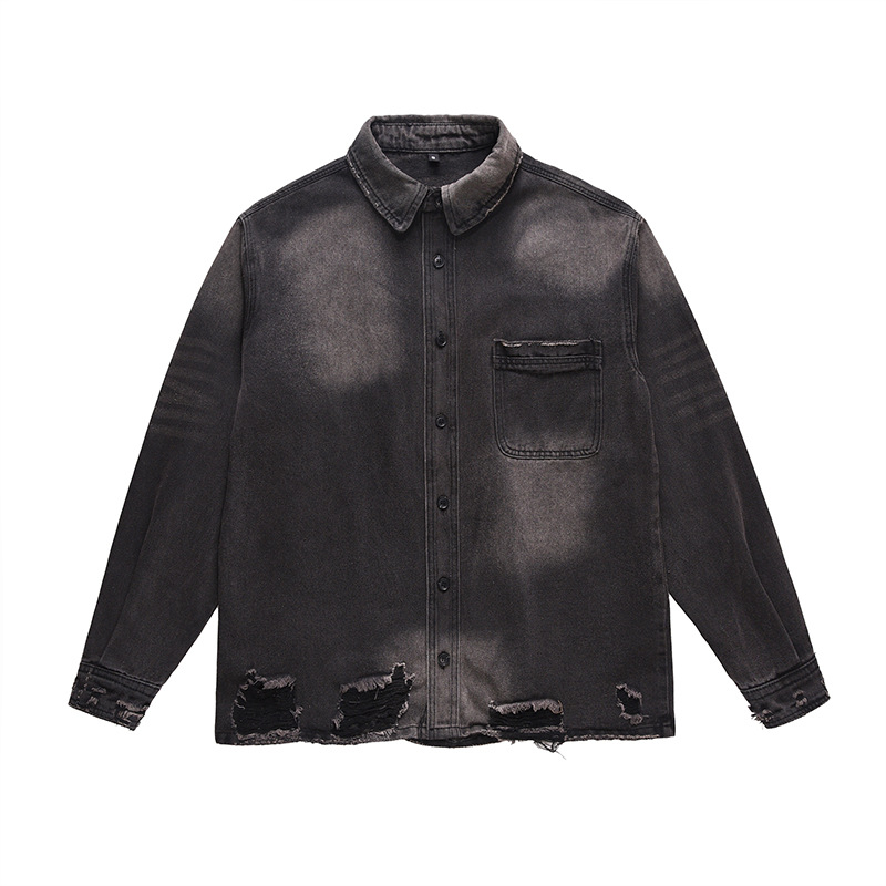 Vintage Fashion Streetwear - メンズハイストリートリップドジーンズジャケットファッションストリートウェアウォッシュドヴィンテージルーズフィットY2Kダメージ加工デニムトラッカーコートアウターウェア