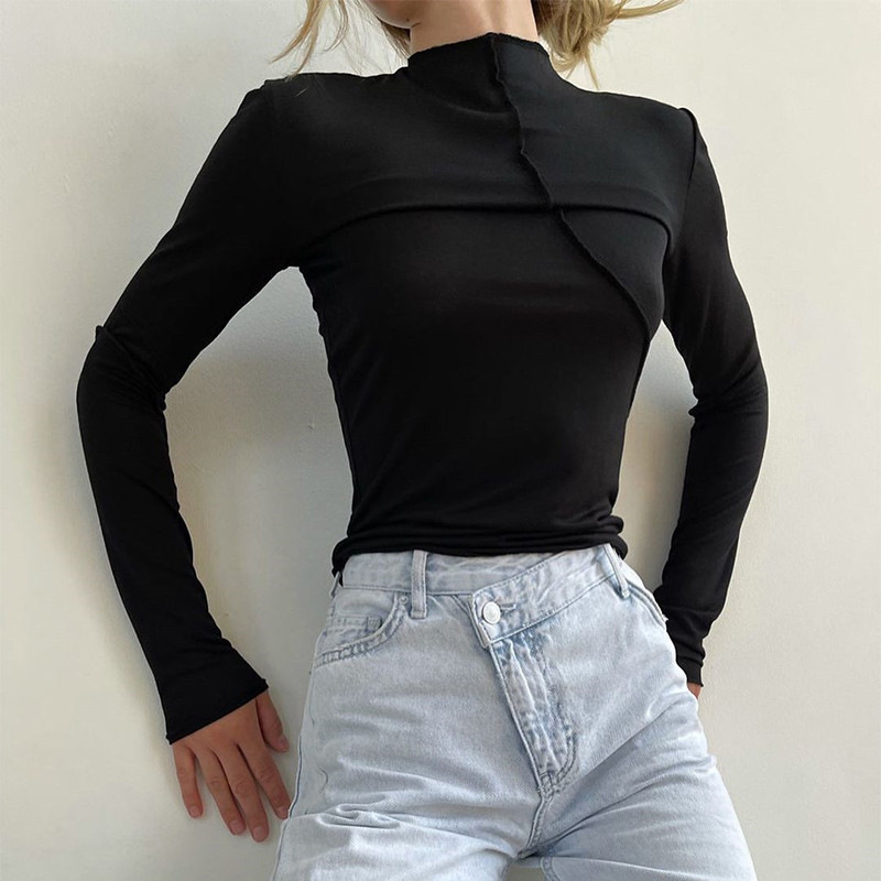 Turtleneck Knit 90S - 2025年秋 タートルネック Y2K 長袖Tシャツ レディース ホワイト