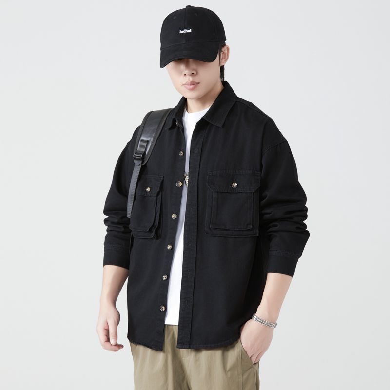 Vintage Fashion Streetwear - 純粋な綿ツーリングシャツ男性春秋ストリートヴィンテージファッションカジュアルルーズ長袖生き抜くカーゴジャケットブラウス新