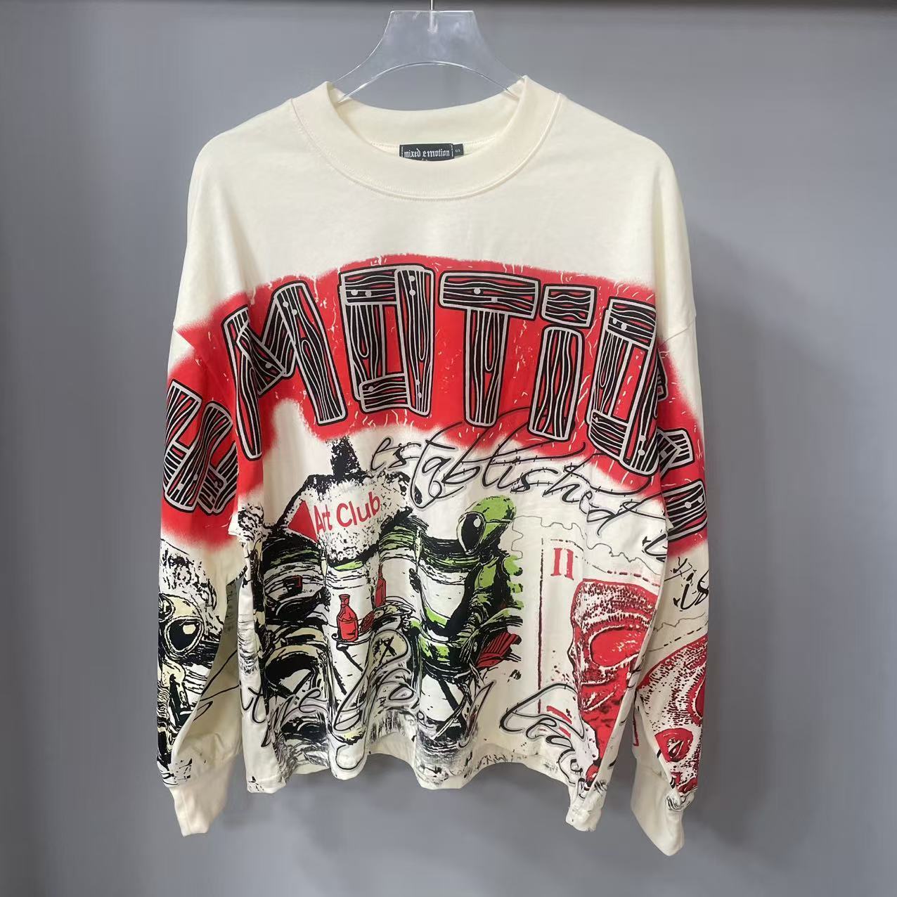 Vintage Fashion Streetwear - 高品質デザイナー MIXED-EMOTION 長袖Tシャツ 100%コットン メンズ＆レディース ヴィンテージプリント＆ホットフィックスラインストーン
