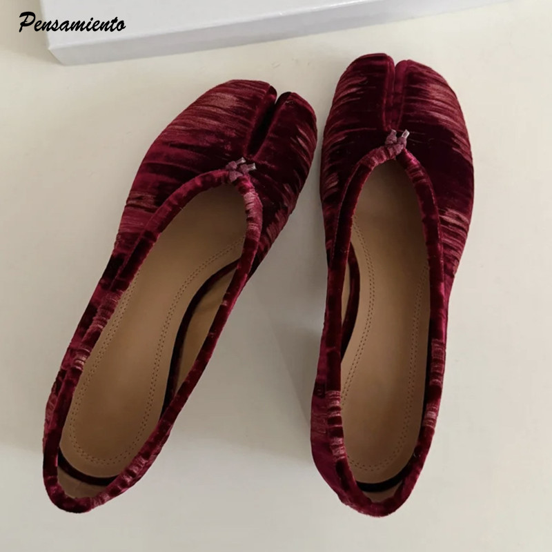 Vintage Old Fashion - ファッションプリーツデザイナーフランネルスプリットトゥ女性用バレエパンプスヴィンテージローヒールタビローファーカジュアルソフトソールウォーキングシューズ