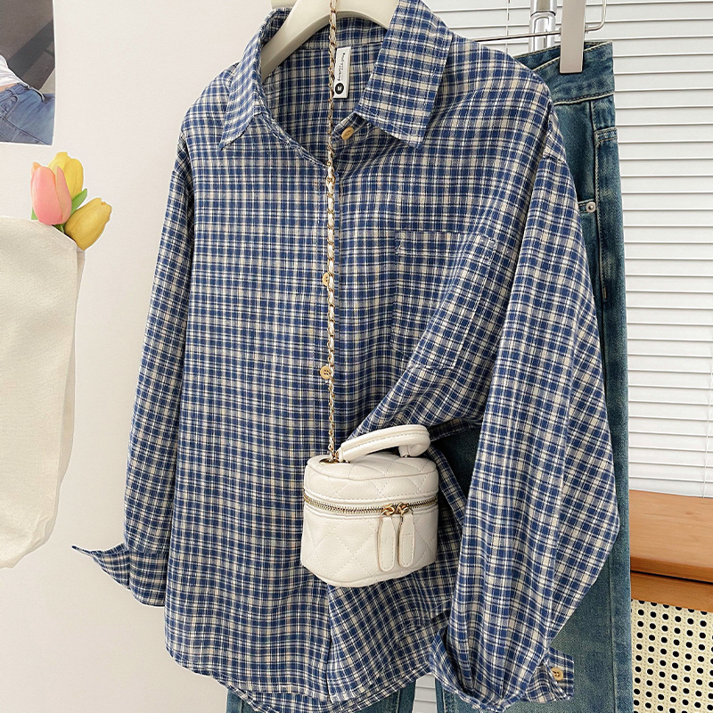 Vintage Old Fashion - 韓国風ヴィンテージチェック柄シャツ新作春と秋のカジュアル万能トップスゆったり着痩せ万能カレッジ風シャツ