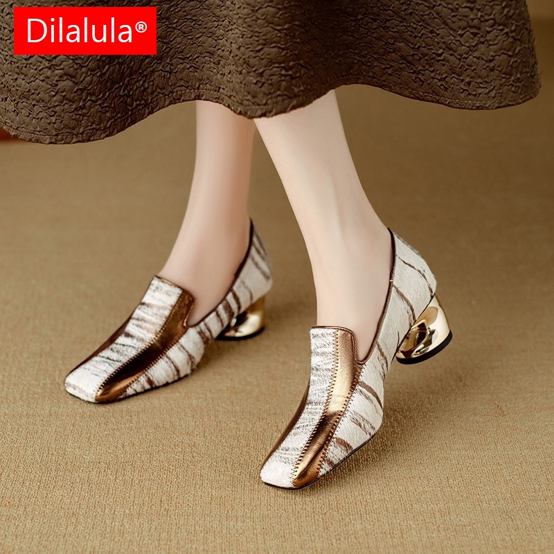 Vintage Fashion For Sale - Dilalula ホット販売馬の毛の女性のパンプス混合色 Med 奇妙なヒール女性ヴィンテージ天然皮革パンプスオフィスレディース
