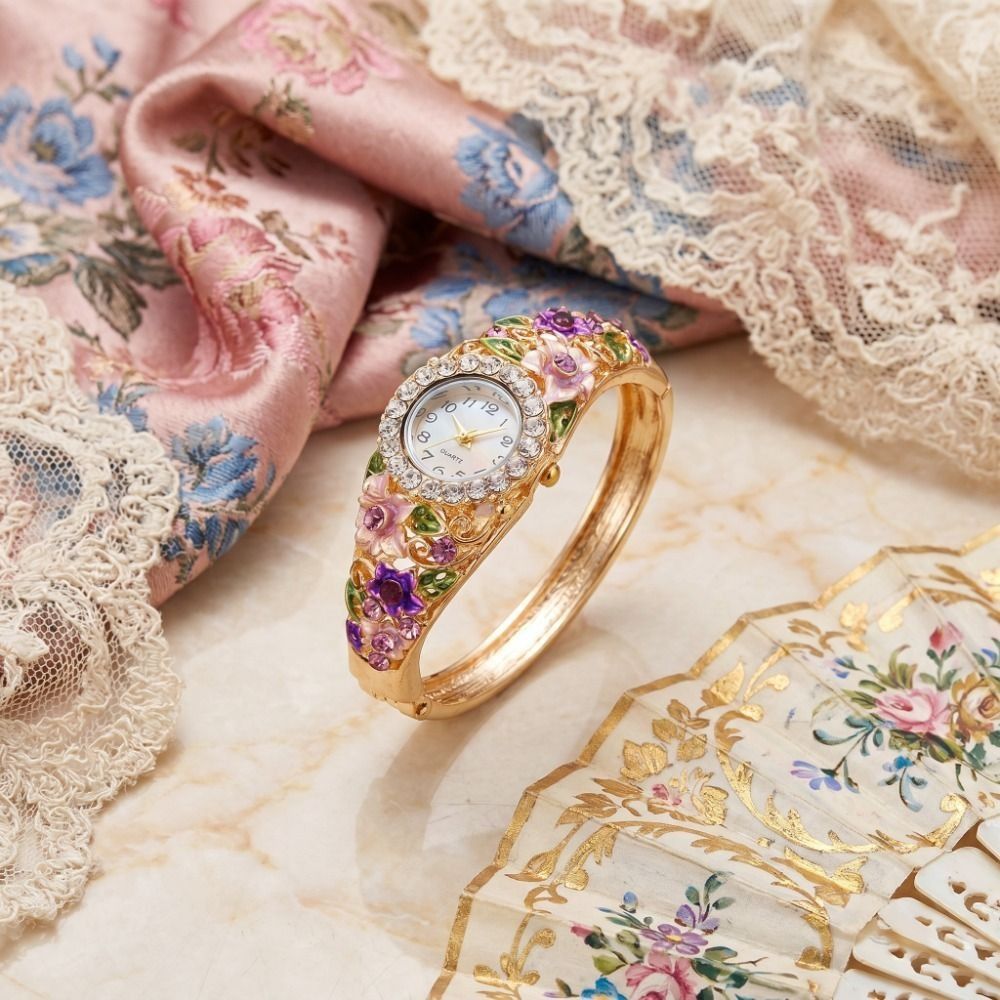 Vintage Fashion Week - 花が豊富にあしらわれたヴィンテージウォッチラウンドダイヤルクリスタルジュエリーレディース腕時計ラインストーンブレスレット多用途デザインブレスレットウォッチ