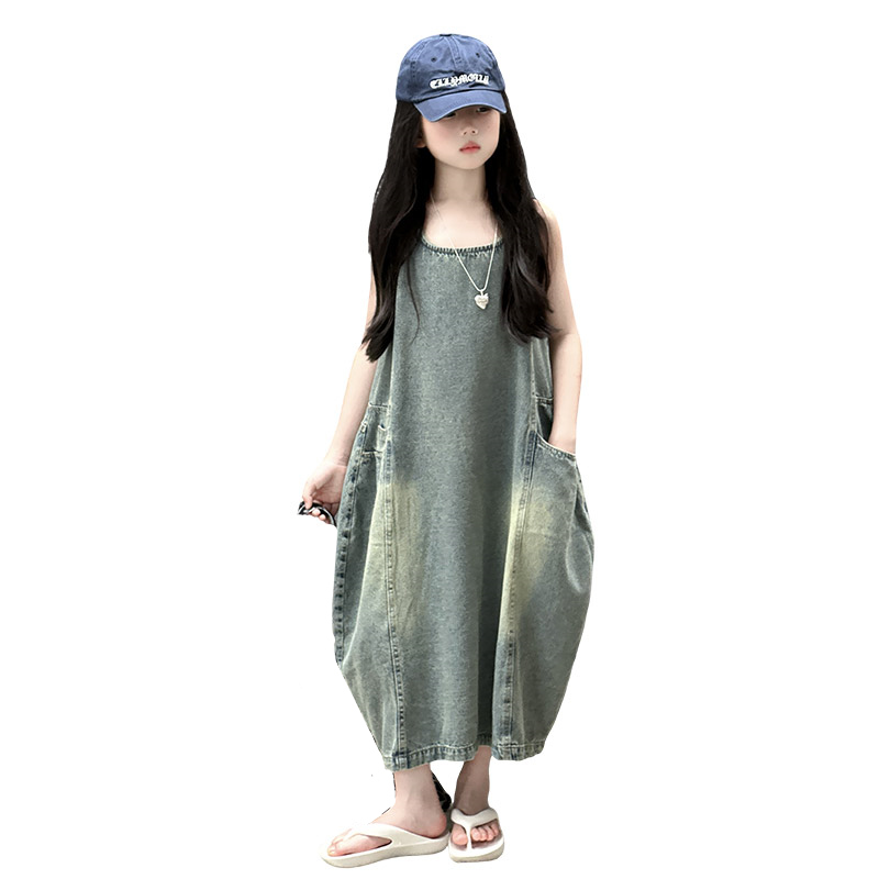 ヴィンテージブルー子供女の子高品質ノースリーブデニムドレスス - Vintage Fashion Streetwear のレビューと価格