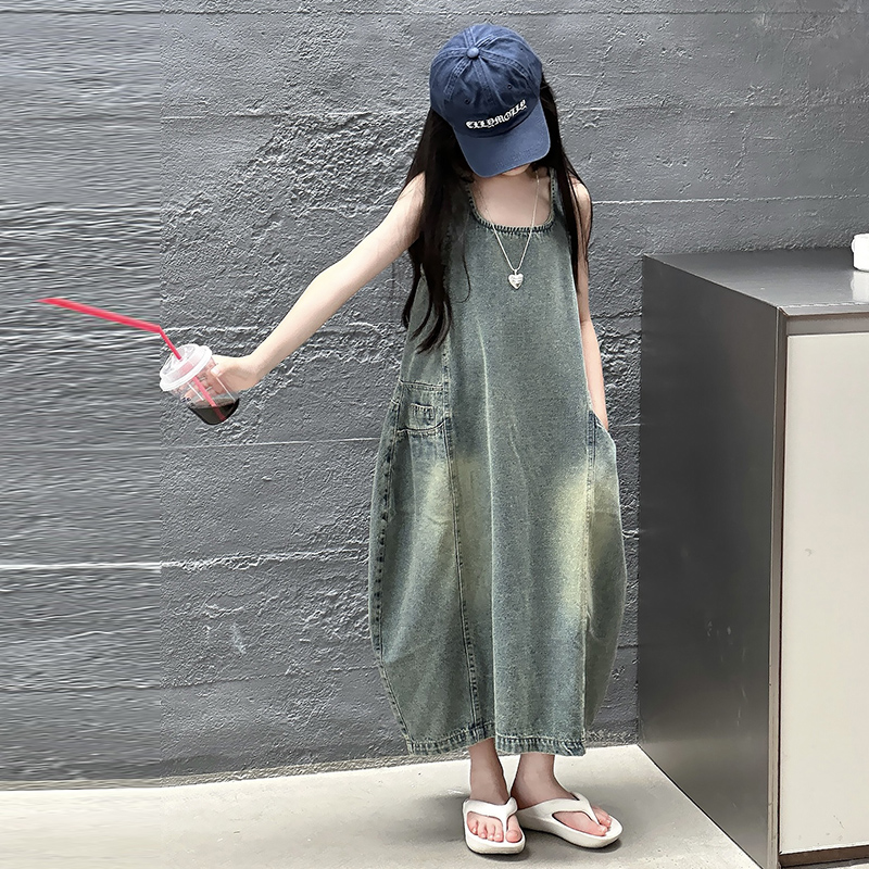 ヴィンテージブルー子供女の子高品質ノースリーブデニムドレスス - Vintage Fashion Streetwear のレビューと価格