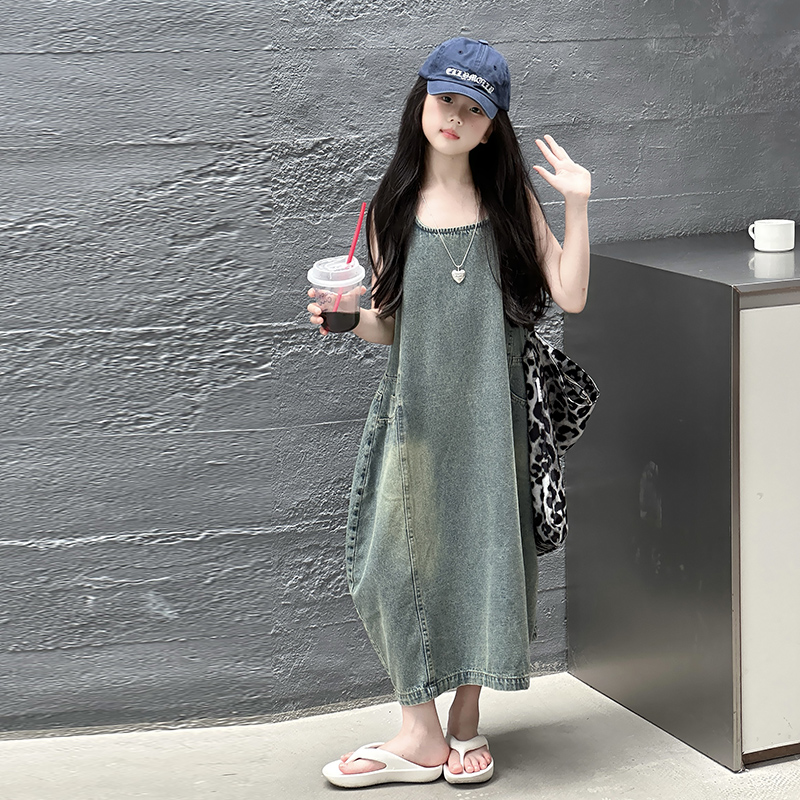 ヴィンテージブルー子供女の子高品質ノースリーブデニムドレスス - Vintage Fashion Streetwear のレビューと価格
